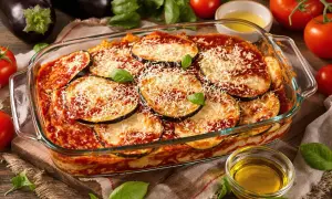 Un plat d'aubergine parmigiana tout juste sorti du four, garni de fromage râpé et de basilic frais.
