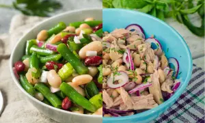 Dos ensaladas: una de alubias blancas con judías verdes y otra con atún, alubias blancas y cebolla morada.