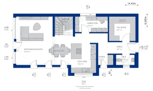 Grundriss eines Traumhauses mit Wohnen/Essen, Kochen, Arbeiten, Diele, WC und Technik.