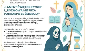 Ilustracja przedstawia postać Śmierci, modlącą się Matkę Boską, krzyż, księgę i klepsydrę.