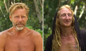 Två män, en med blont hår och skägg, den andra med dreadlocks och en svart huva. Kanske Mattias Pettersson och en vän på äventyr.