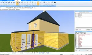 3D-Modell eines Hauses mit Anbau. Der umbaute Raum im Dachgeschoss ist sichtbar.