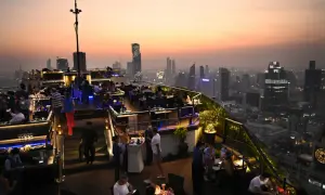 Abendstimmung auf einer Dachterrasse in Bangkok. Ein perfekter Ort, um die Skyline bei einem Drink zu genießen, ideal für einen Kurztrip nach Bangkok in 2 Tagen.