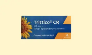 Opakowanie leku Trittico CR 150 mg z motywem słonecznika. Tabletki o przedłużonym uwalnianiu.