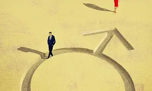 Facet w garniturze idzie ścieżką w kształcie symbolu Marsa, celując w kobietę. To ilustracja o tym, jak facet zdobywa kobietę.