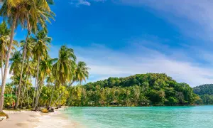 Rajska plaża z palmami i turkusową wodą, idealna na wakacje na Bali w sierpniu.