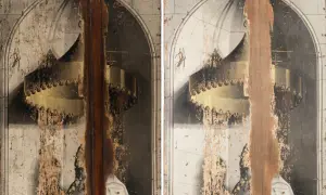 Fragment Kunst: Zwei stark beschädigte Gemäldetaile zeigen eine goldene Glockenkrone über einer Figur in einem Bogen.