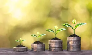Piante che crescono su pile di monete, simboleggiando la crescita degli investimenti e quanto si paga di contributi al mese.