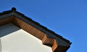 Elegancka podbitka z płyty OSB pod ciemnym dachem, na tle błękitnego nieba.