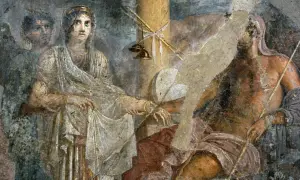 Fresque romaine représentant Héra, reine des dieux de la mythologie grecque, dans une scène solennelle.