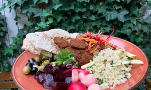 Talerz z falafelami, pitą, buraczkami, oliwkami, sałatką i kaszą.