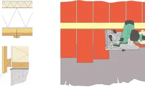 Sågas en stående panel med en cirkelsåg. Detaljer visar takkonstruktion och droppnäsa.