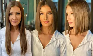 Trzy ujęcia tej samej kobiety z pięknymi, blond włosami. Na pierwszym widać ją z długimi, prostymi włosami, na kolejnych dwóch z modną, krótką fryzurą.