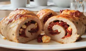 Roladki z indyka z serem feta i suszonymi pomidorami, zapieczone na złoto. Pyszne danie na obiad.
