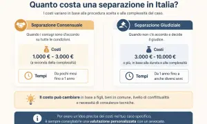 Separazione consensuale: 1.000-3.000€, pochi mesi-1 anno. Giudiziale: 3.000-10.000€+, 1 anno+. Costi variabili, valuta con avvocato.