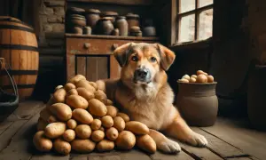 Czy pies może jeść ziemniaki? Ten pies leży obok góry ziemniaków, zastanawiając się nad ich smakiem.