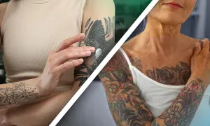 Modelos con tatuajes, una joven aplica crema en su brazo con un diseño de ave, y una mujer mayor muestra sus coloridos tatuajes florales.