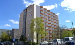 Wysoki blok mieszkalny, być może spadek po rodzicach mieszkanie, z balkonami i drzewem przed fasadą.