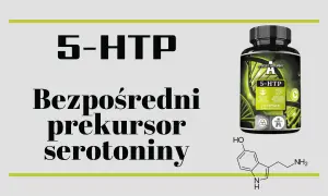 5-HTP, bezpośredni prekursor serotoniny, wspiera dobre samopoczucie. Na zdjęciu suplement i wzór chemiczny.