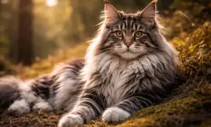 Majkun, majestatyczny kot rasy Maine Coon, leży w jesiennym lesie, otoczony złotym światłem.
