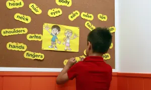 Niño participa en actividades de inglés infantil, asociando palabras como "head" y "body" a un dibujo.