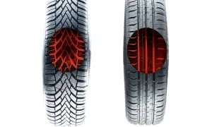 Winterreifen vs. Sommerreifen: Das Profil zeigt den Unterschied. Im Sommer mit Winterreifen fahren ist nicht ideal für Grip und Sicherheit.