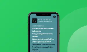 Ekran telefonu z widocznymi tekstami piosenki na Spotify.