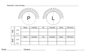 Formularz recepty na okulary z polami na dane pacjenta, wyniki badania wzroku (co oznacza sfera w okularach), oraz tabelą do wpisania parametrów szkieł i oprawy.