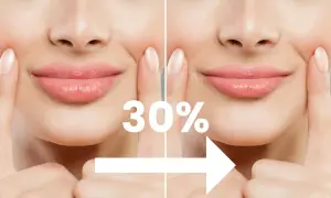 Usta po powiekszaniu. Porównanie przed i po zabiegu, widoczny efekt 30% większej objętości.