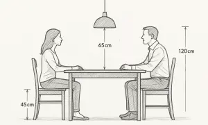 Para wygodnego siedzenia i jedzenia, lampa powinna wisieć 65 cm nad stołem.