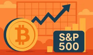 Bitcoin i S&P 500 na wykresie, symbolizujące hossę i bessę. Wzrosty i spadki na rynkach finansowych.