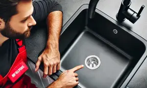 Instalator pokazuje syfon do zlewu dwukomorowego. Nowoczesny czarny zlew i bateria.