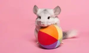 Tierna chinchilla gris con un juguete de colores, curiosa por saber cuanto vive una chinchilla.