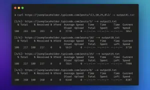 Terminal z poleceniem curl pobierającym dane z API. Widzimy postęp pobierania, prędkość i czas. Curl to narzędzie do transferu danych.