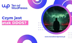 Grafika pyta: "Czym jest atak DDoS?". W tle mroczne miasto i postać w kapturze.