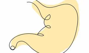 Een abstracte maag, met een dunne zwarte lijn die de vorm schetst. De gele vlek suggereert een gevoel van misselijk door overprikkeling.