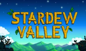 Stardew Valley spolszczenie: złoty napis gry na tle błękitnego nieba z chmurami i zielonymi wzgórzami.