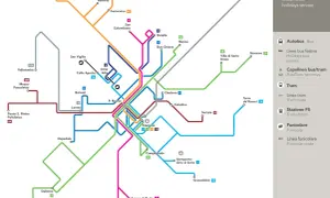 Mapa komunikacji miejskiej Bergamo: linie autobusowe, tramwajowe i kolejki.
