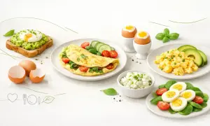Różnorodne dania z jajek: omlet, jajecznica, jajka na twardo, jajko w koszulce na grzance.