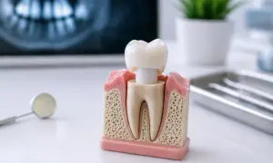 Model zęba z koroną, pokazujący złamany ząb przy korzeniu. W tle RTG zęba i narzędzia dentystyczne.