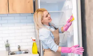 Uśmiechnięta blondynka w różowych rękawiczkach czyści lodówkę żółtą ściereczką. W tle widać butelkę z płynem, co sugeruje, czym myć lodówkę.