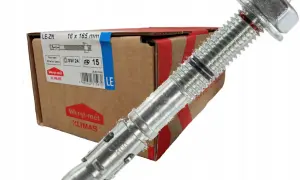 Kotwa rozporowa LE-ZN 16x165mm na tle kartonu z oznaczeniami.