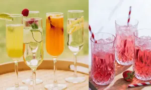 Flera glas med bubbliga drinkar, en juldrink med prosecco, garnerade med frukt och gurka. Till höger, rosa drinkar med krossad is och jordgubbar.