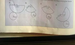 Vier verschiedene Netze eines Kegels werden gezeigt, jeweils mit einem Kreissektor und einem Kreis. Die Frage ist, ob aus diesen Netzen ein Kegel gebaut werden kann.