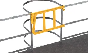 Żółta, metalowa bramka samozamykająca zamontowana na balustradzie przy wejściu na platformę roboczą.