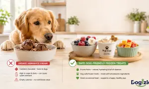 Golden retriever looks at chocolate ice cream, while dog-safe frozen treats are presented as a healthy alternative. Can dogs eat ice cream? This image shows why human ice cream is unsafe.