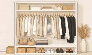 Ordentliche Garderobe mit Kleidern in neutralen Tönen, perfekt für ein Capsule Wardrobe auf Deutsch. Darunter Körbe, Taschen und Schuhe.