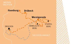 Karte zeigt Wanderrouten um Wernigerode, mit Stationen wie Ilsenburg, Brocken und Sachsen-Anhalt.