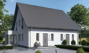 Modernes Doppelhaus mit grauen Ziegeln und weißer Fassade. Informieren Sie sich über die doppelhaus kosten für dieses attraktive Zuhause.