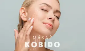 Kobieta z zamkniętymi oczami odczuwa delikatny dotyk podczas masażu twarzy. Graficzne linie wskazują kierunek liftingu. Masaż Kobido, znany z naturalnych efektów, nie powoduje skutków ubocznych.